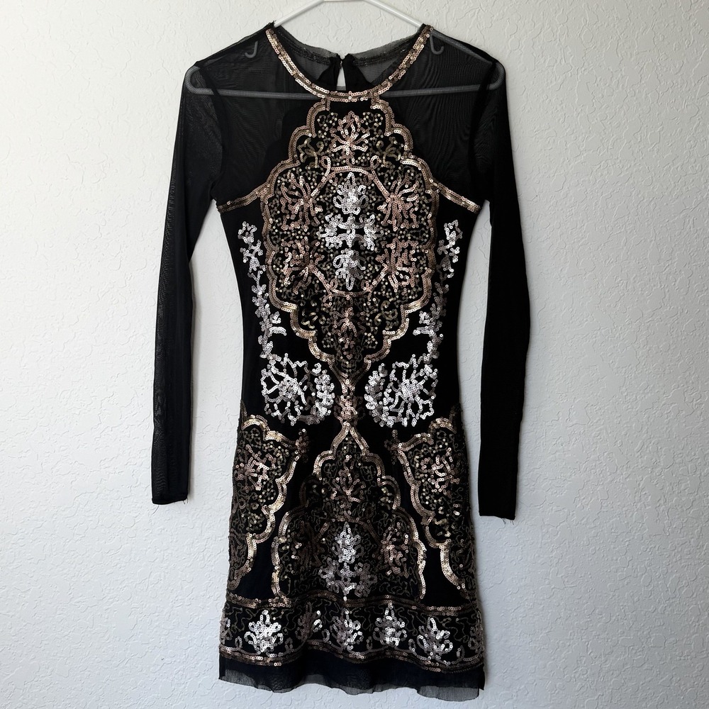Sequin Black Dress XS XSmall Sheath Bodycon Sheer Baddie Going Out Revenge Club